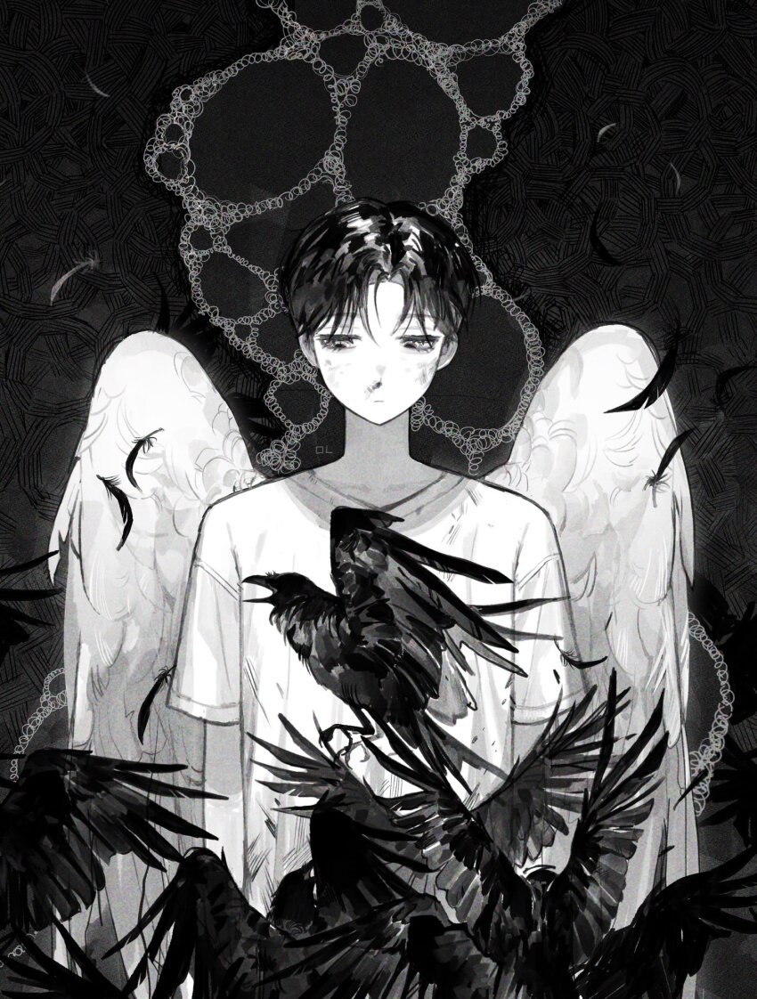 1boy, arms_at_sides, bird, black_hair, crow, curtained_hair, dark, facing_viewer