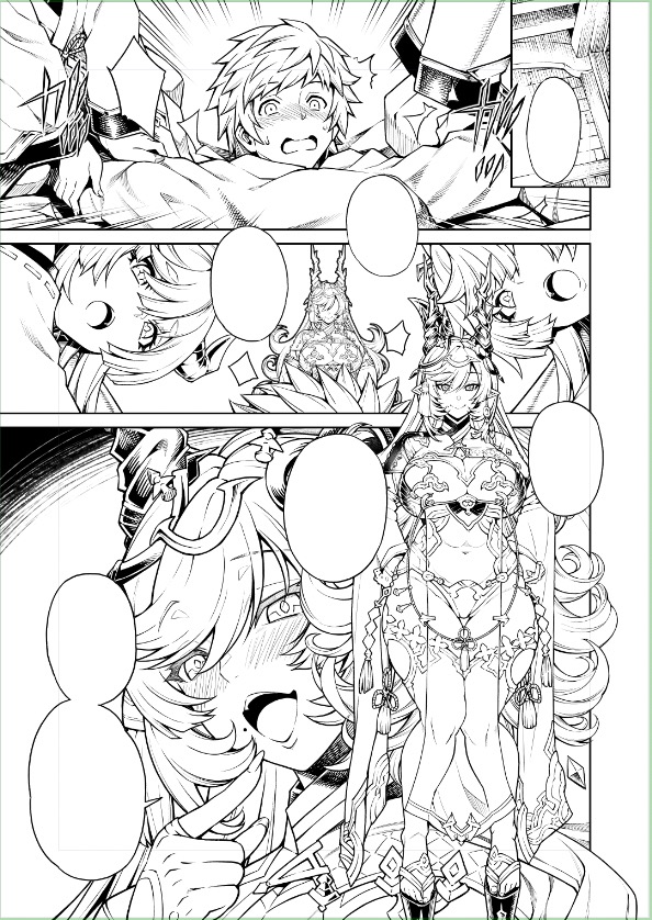 1boy, 3girls, aoyama_akira, aoyamantarou, blush, breasts, draph, gran_(granblue_fantasy), granblue_fantasy, horns, large_breasts, long_hair, looking_at_viewer, mole_on_body, monochrome, multiple_girls, open_mouth, payila_(granblue_fantasy), smile, tagme, textless_version, thighhighs, thighs