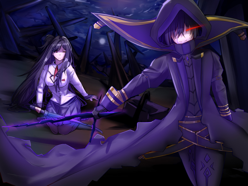 1girl, black_hair, black_pants, black_pantyhose, black_suit, blue_skirt, breasts, cid_kagenou