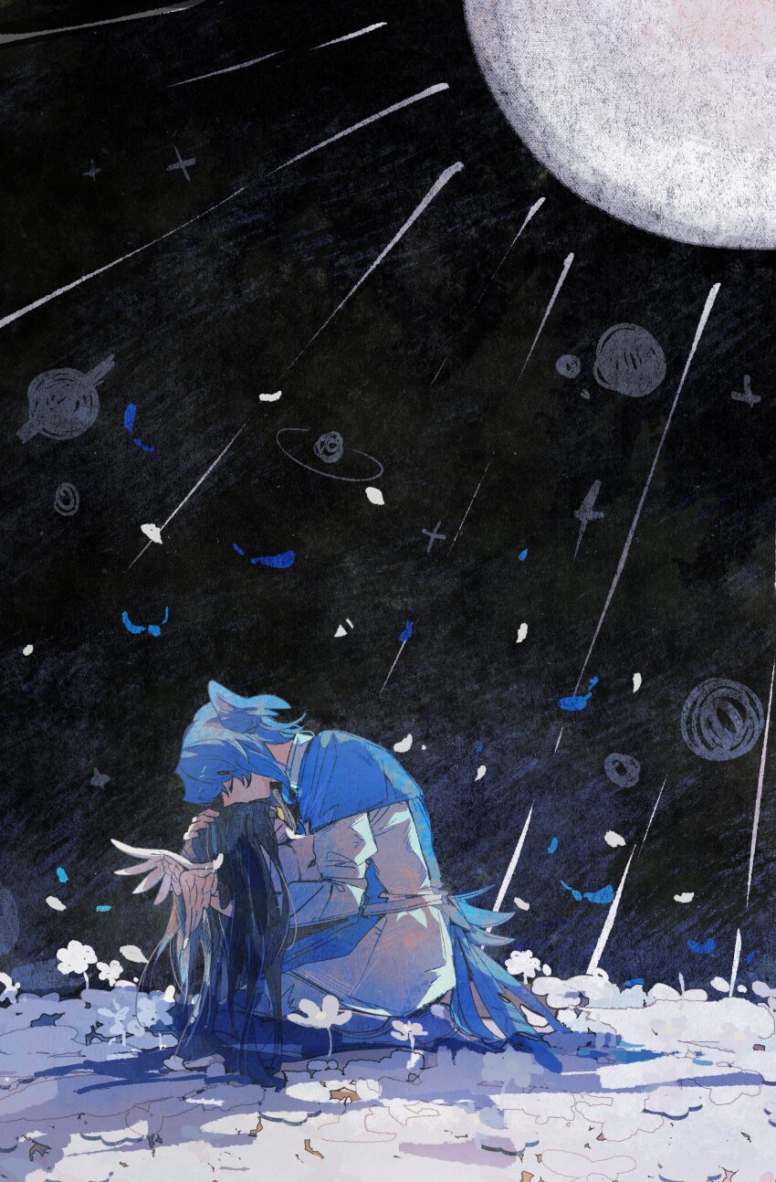 2girls, abstract_background, absurdres, bird_girl, bird_tail, bird_wings, black_hair, blue_capelet