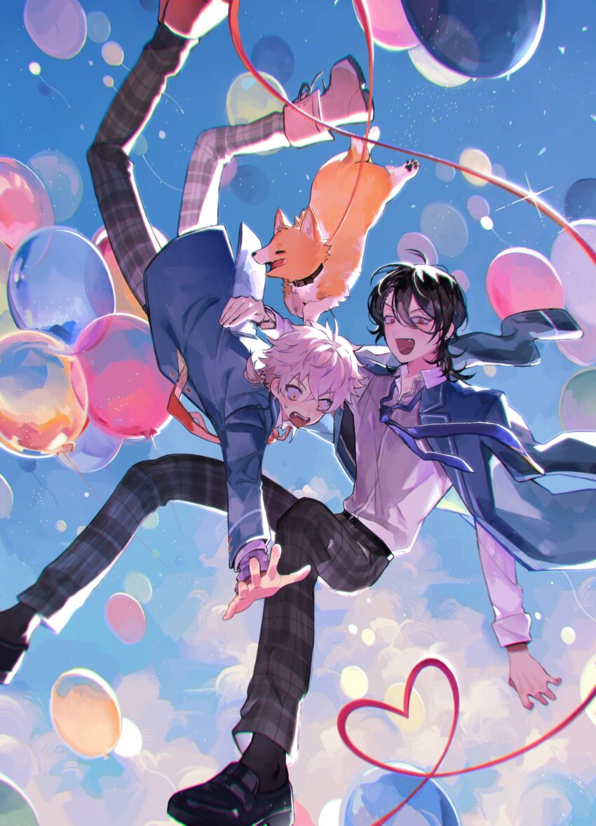 2boys, balloon, belt, black_footwear, black_hair, black_pants, black_socks, blue_jacket