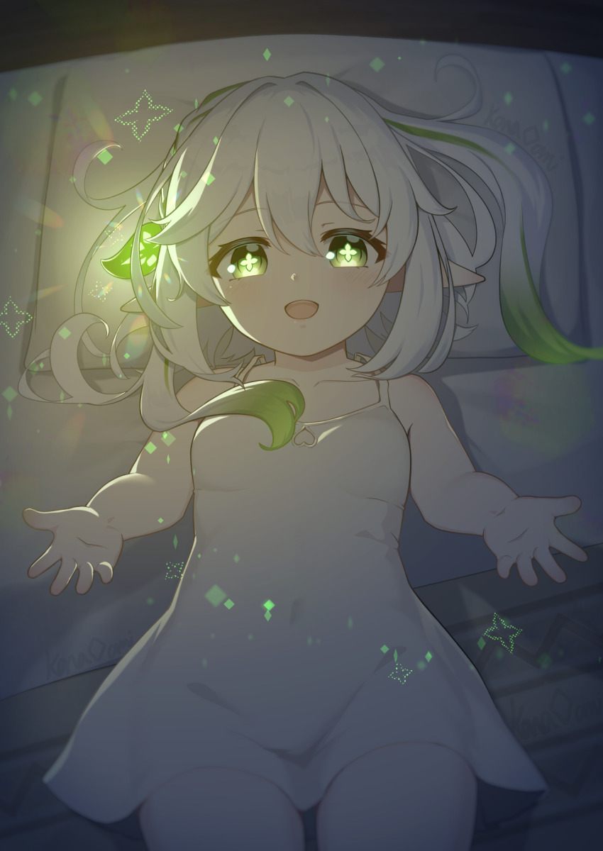 1girl, breasts, collarbone, commentary_request, cowboy_shot, cross-shaped_pupils, dress, genshin_impact, gradient_hair, green_eyes, green_hair, hair_between_eyes, hair_ornament, highres, kana_ami, leaf_hair_ornament, lying, multicolored_hair, nahida_(genshin_impact), on_back, open_mouth, pointy_ears, reaching, reaching_towards_viewer, short_dress, sleeveless, sleeveless_dress, small_breasts, solo, streaked_hair, symbol-shaped_pupils, white_dress, white_hair