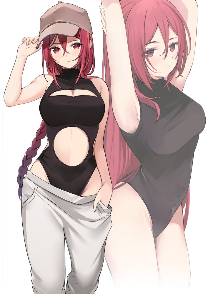 1girl, adjusting_clothes, adjusting_headwear, arm_up, armpits, bare_arms, bare_shoulders, baseball_cap