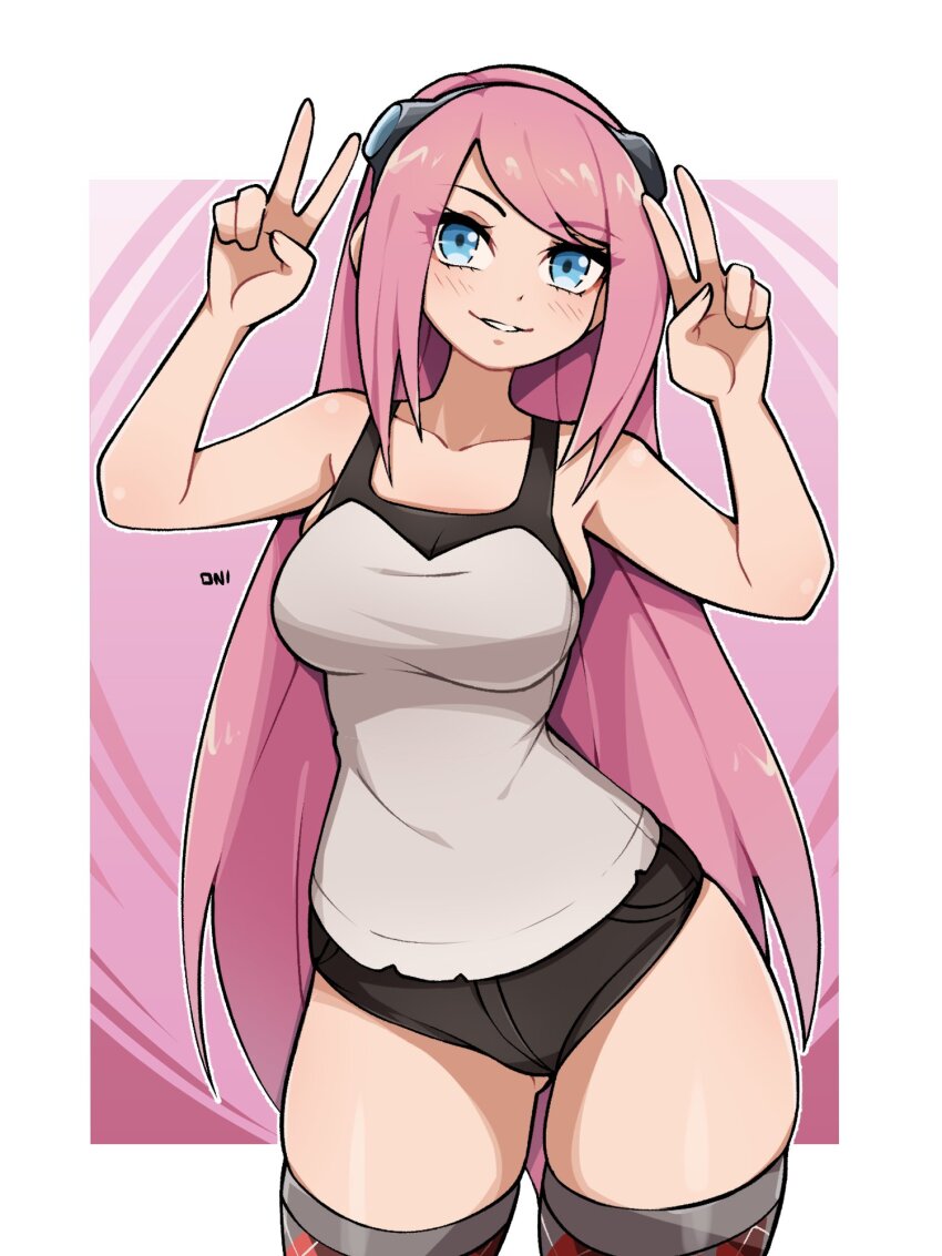 1girl, alternate_costume, artist_name, black_shorts, blue_eyes, breasts, collarbone, double_v