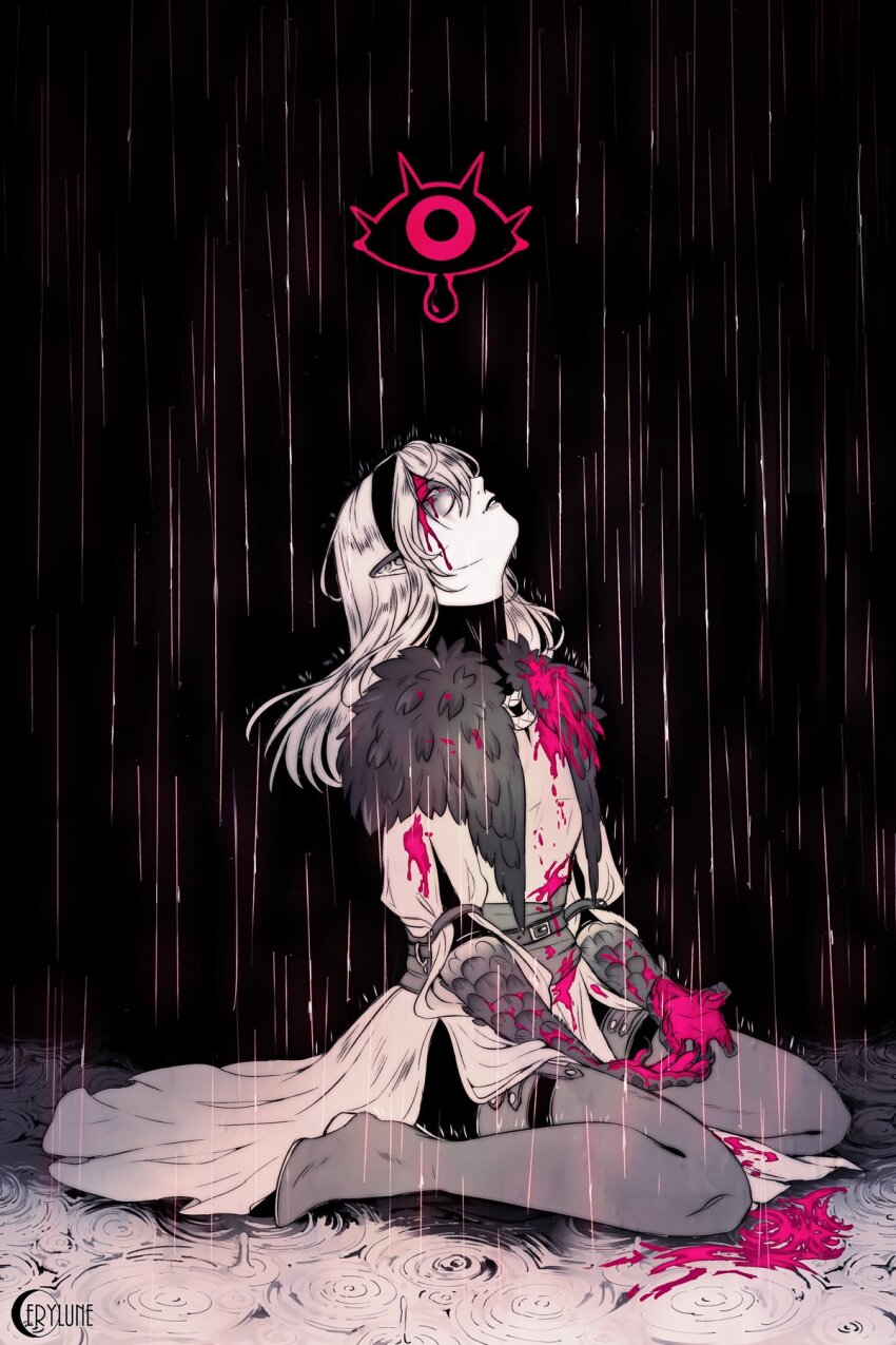 1girl, belt, black_background, blood, blood_on_clothes, boots, cerylune, dress, hair_between_eyes, hairband, highres, long_hair, long_sleeves, looking_up, pink_blood, pointy_ears, rain, sitting, teeth, thigh_boots, thigh_strap