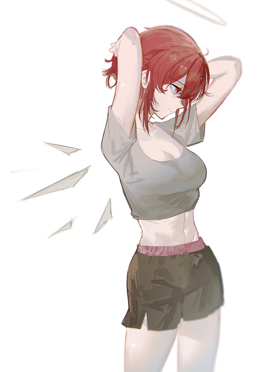 1girl, arknights, arms_up, black_shorts, breasts, cleavage, commentary, cowboy_shot, crop_top, exusiai_(arknights), grey_shirt, halo, highres, medium_breasts, midriff, naoel_(naoel_art), navel, red_hair, shirt, short_hair, short_sleeves, shorts, simple_background, solo, standing, stomach, thighs, white_background