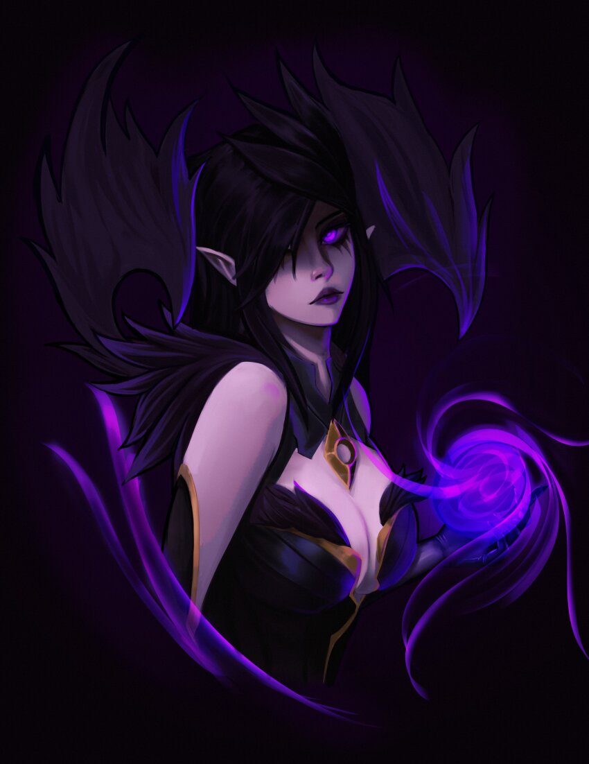 1girl, absurdres, bare_shoulders, black_hair, breasts, cleavage, cropped_torso, from_side, hair_over_one_eye, highres, large_breasts, league_of_legends, long_hair, looking_at_viewer, magic, max_(max5swell), morgana_(league_of_legends), pink_eyes, pointy_ears, purple_lips, solo, upper_body, wings
