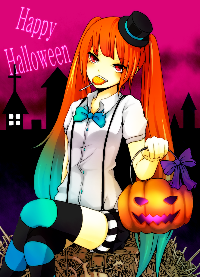 1girl, alternate_color, alternate_hair_color, asaym7, bad_id, bad_pixiv_id, chizuru_(ambient), crossed_legs, female_focus, halloween, happy_halloween, hat, hatsune_miku, jack-o'-lantern, long_hair, mini_hat, mini_top_hat, mrs.pumpkin_no_kokkei_na_yume_(vocaloid), multicolored_hair, orange_hair, pumpkin, sitting, solo, suspenders, thighhighs, top_hat, twintails, vocaloid