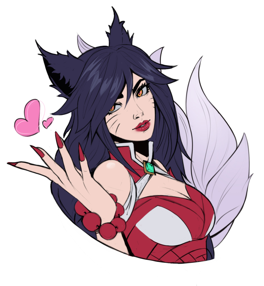 1girl, ahri_(league_of_legends), animal_ears, bead_bracelet, beads, black_hair, bracelet, breasts, cleavage, cropped_torso, facial_mark, fox_ears, fox_tail, gem, grey_background, hair_between_eyes, heart, highres, jewelry, kitsune, kyuubi, large_breasts, league_of_legends, long_hair, max_(max5swell), multiple_tails, orange_eyes, red_lips, simple_background, smile, solo, tail, whisker_markings