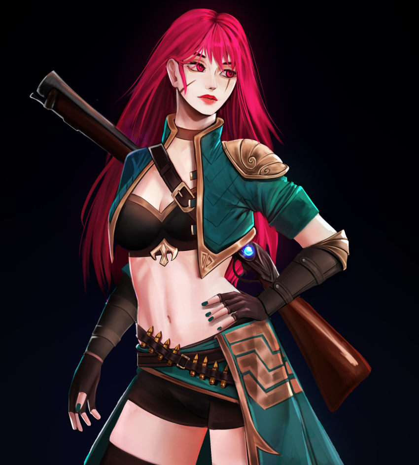 1girl, belt, black_nails, breasts, brown_gloves, brown_shorts, cleavage, cowboy_shot