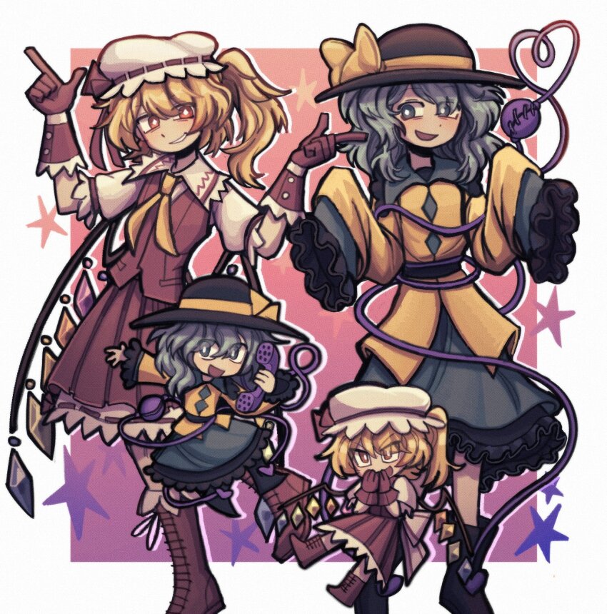 2girls, ascot, black_footwear, black_headwear, blonde_hair, blush, boots, border