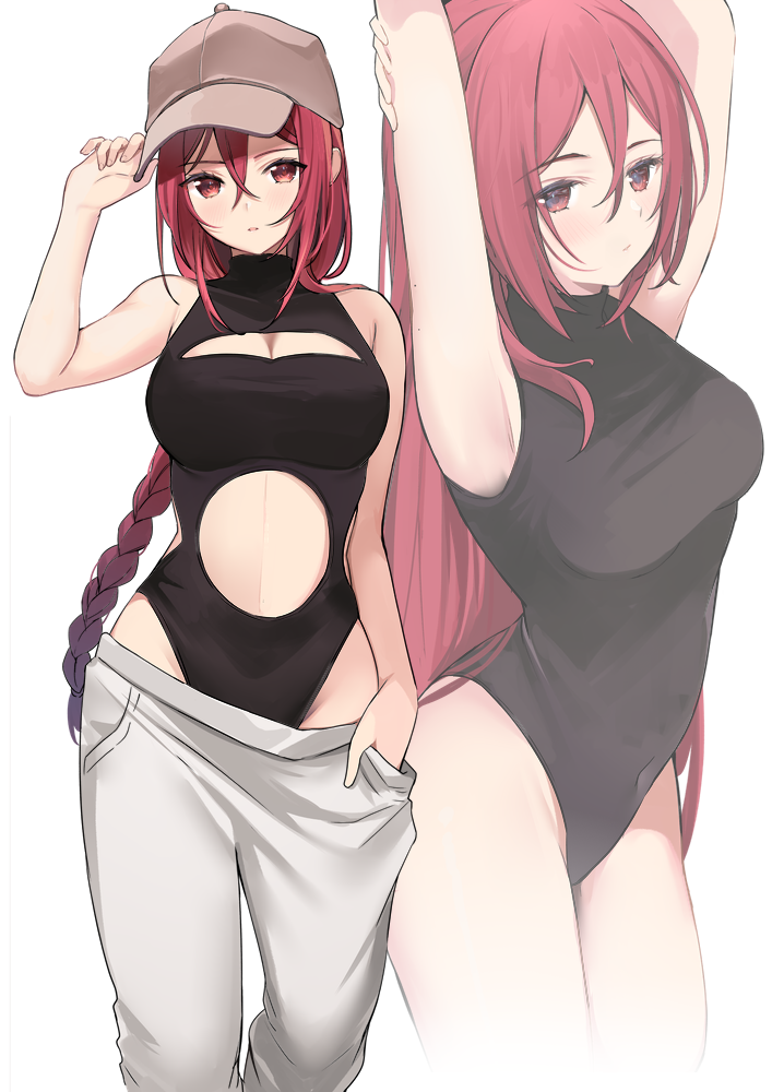 1girl, adjusting_clothes, adjusting_headwear, arm_up, armpits, bare_arms, bare_shoulders, baseball_cap