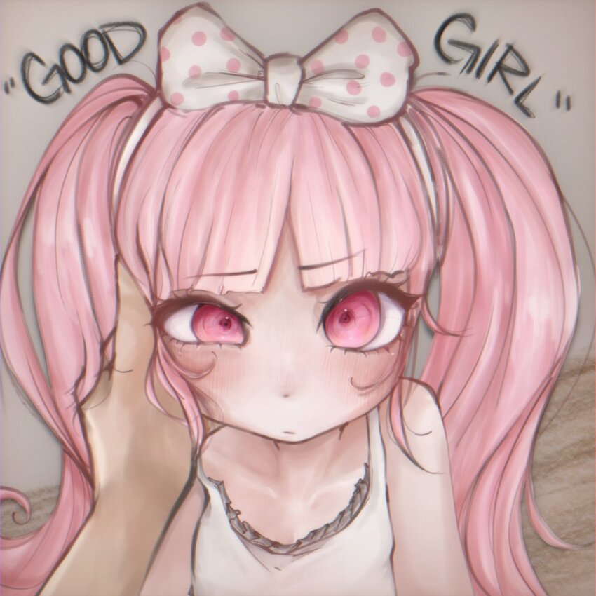 1boy, 1girl, beige_background, blush, bow, closed_mouth, collarbone, danganronpa_(series), danganronpa_another_episode:_ultra_despair_girls, english_text, eyebrows, eyelashes, hetero, highres, imaginaryiand, loli, long_hair, looking_at_viewer, male_hand, pink_eyes, pink_hair, polka_dot, polka_dot_bow, pov, pov_hands, shirt, simple_background, solo_focus, source_request, tank_top, twintails, undershirt, upper_body, utsugi_kotoko, white_bow, white_headwear, white_shirt, white_tank_top