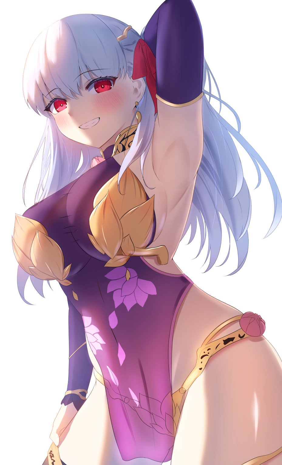 1girl, arm_up, armpits, breasts, commentary, detached_sleeves, dress, fate/grand_order, fate_(series), grey_hair, highres, kama_(assassin)_(second_ascension)_(fate), kama_(fate), kama_(second_ascension)_(fate), kama_(teenager)_(fate), large_breasts, long_hair, navel, purple_dress, red_eyes, smile, umi_endu, white_background