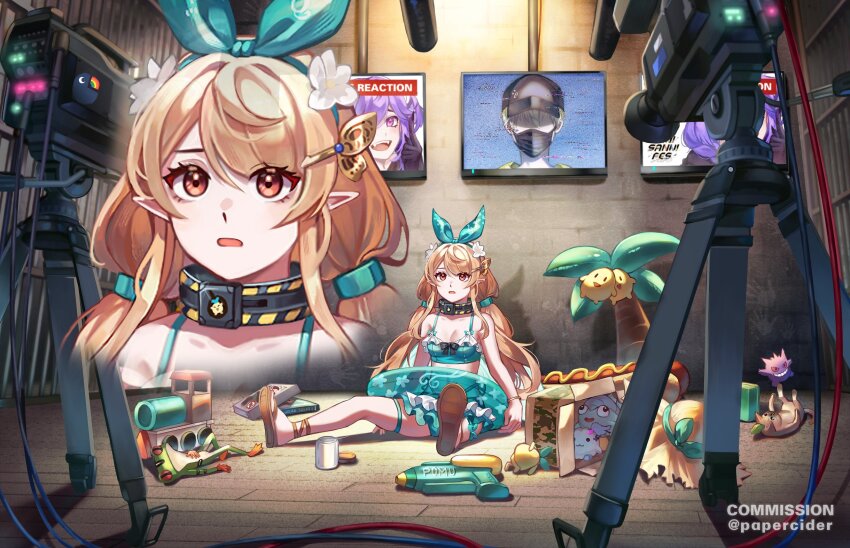 1boy, 2girls, bikini, bikini_skirt, blue_bikini, blue_bow, bow, box