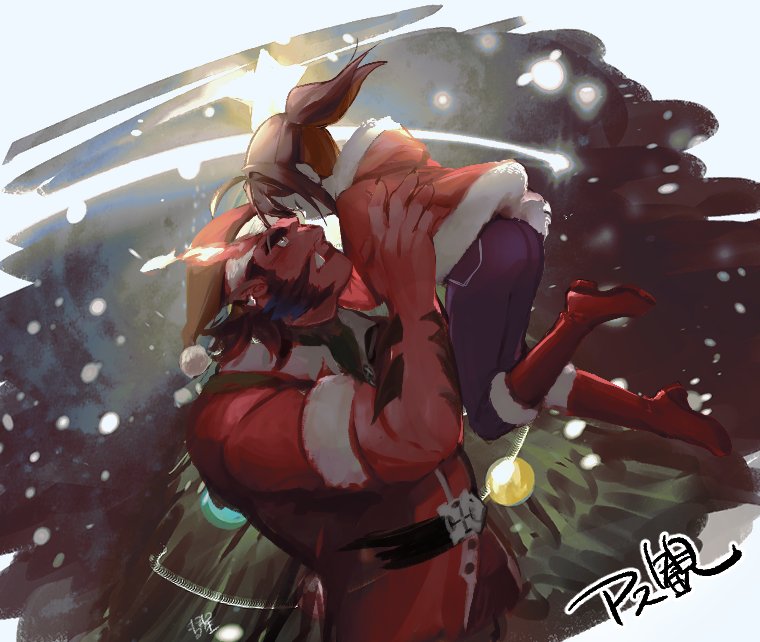 1boy, 1girl, ass, astar_(live_a_hero), bara, carrying, carrying_person, colored_skin