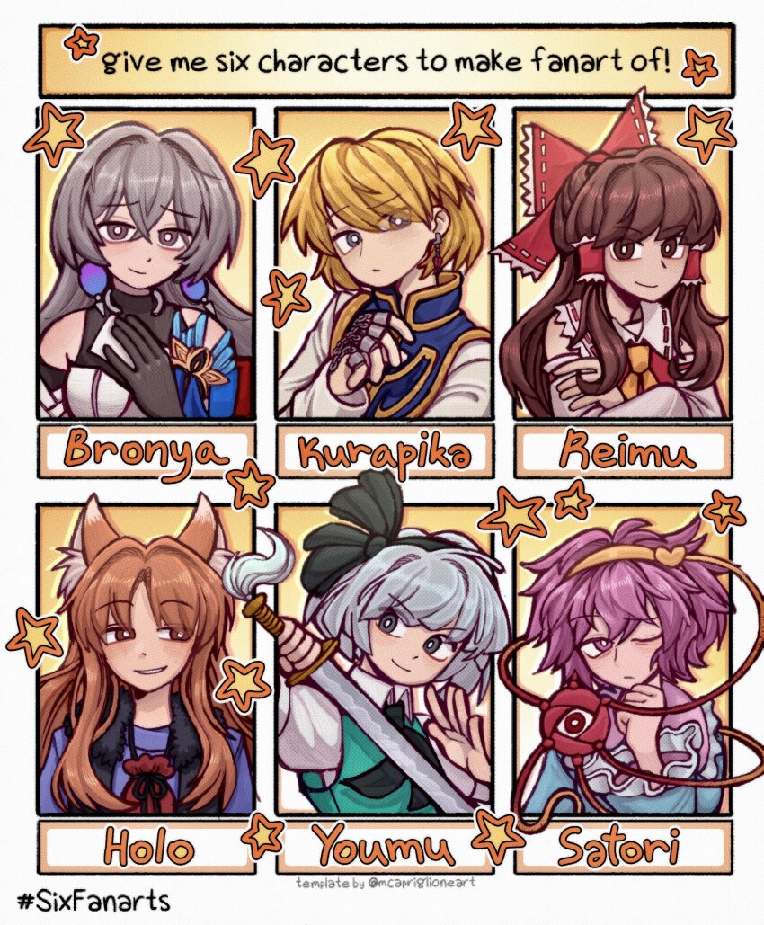 1boy, 5girls, absurdres, animal_ears, ascot, bare_shoulders, black_gloves, black_hairband, black_jacket, blonde_hair, blue_shirt, bow, bronya_rand, brown_eyes, brown_hair, closed_mouth, commentary, crossed_arms, crossed_bangs, crystal_earrings, detached_sleeves, dress, earrings, english_text, eyeball, frilled_bow, frilled_hair_tubes, frilled_sleeves, frills, gloves, green_vest, grey_eyes, grey_hair, hair_between_eyes, hair_bow, hair_tubes, hairband, hakurei_reimu, highres, holo, honkai:_star_rail, honkai_(series), hunter_x_hunter, jacket, jewelry, katana, komeiji_satori, konpaku_youmu, kurapika, light_brown_hair, long_hair, long_sleeves, messy_hair, multiple_drawing_challenge, multiple_girls, multiple_rings, one_eye_closed, pink_eyes, pink_hair, pouch, puffy_short_sleeves, puffy_sleeves, red_bow, red_vest, ring, russian_commentary, sadcringe8, shirt, short_hair, short_sleeves, six_fanarts_challenge, sleeveless, sleeveless_jacket, smile, spice_and_wolf, star_(symbol), sword, tabard, third_eye, touhou, vest, weapon, white_dress, white_shirt, wolf_girl, yellow_ascot, yellow_hairband