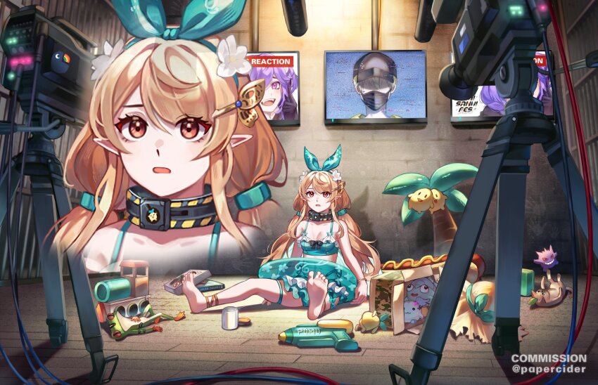 1boy, 1girl, 2girls, barefoot, bikini, bikini_skirt, blue_bikini, blue_bow, bow, box, camera, cat, colored_eyelashes, commission, famelira_(elira_pendora), flat_screen_tv, frilled_bikini, frills, froggy_(polygonal_mind), gen_1_pokemon, gengar, hair_bow, highres, idolmaster, idolmaster_cinderella_girls, low_twintails, multiple_girls, nijisanji, nijisanji_en, nintendo, open_mouth, papercider, pizza_box, pointy_ears, pokemon, polygonal_mind, pomu_rainpuff, pomudachi_(pomu_rainpuff), red_eyes, ryuguard_(finana_ryugu), selen_tatsuki, sitting, soles, sonny_brisko, swimsuit, television, toes, toy_train, twintails, virtual_youtuber, water_gun