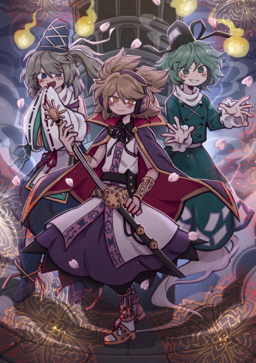 3girls, :d, absurdres, anklet, blue_eyes, blue_footwear, blue_headwear, blue_skirt