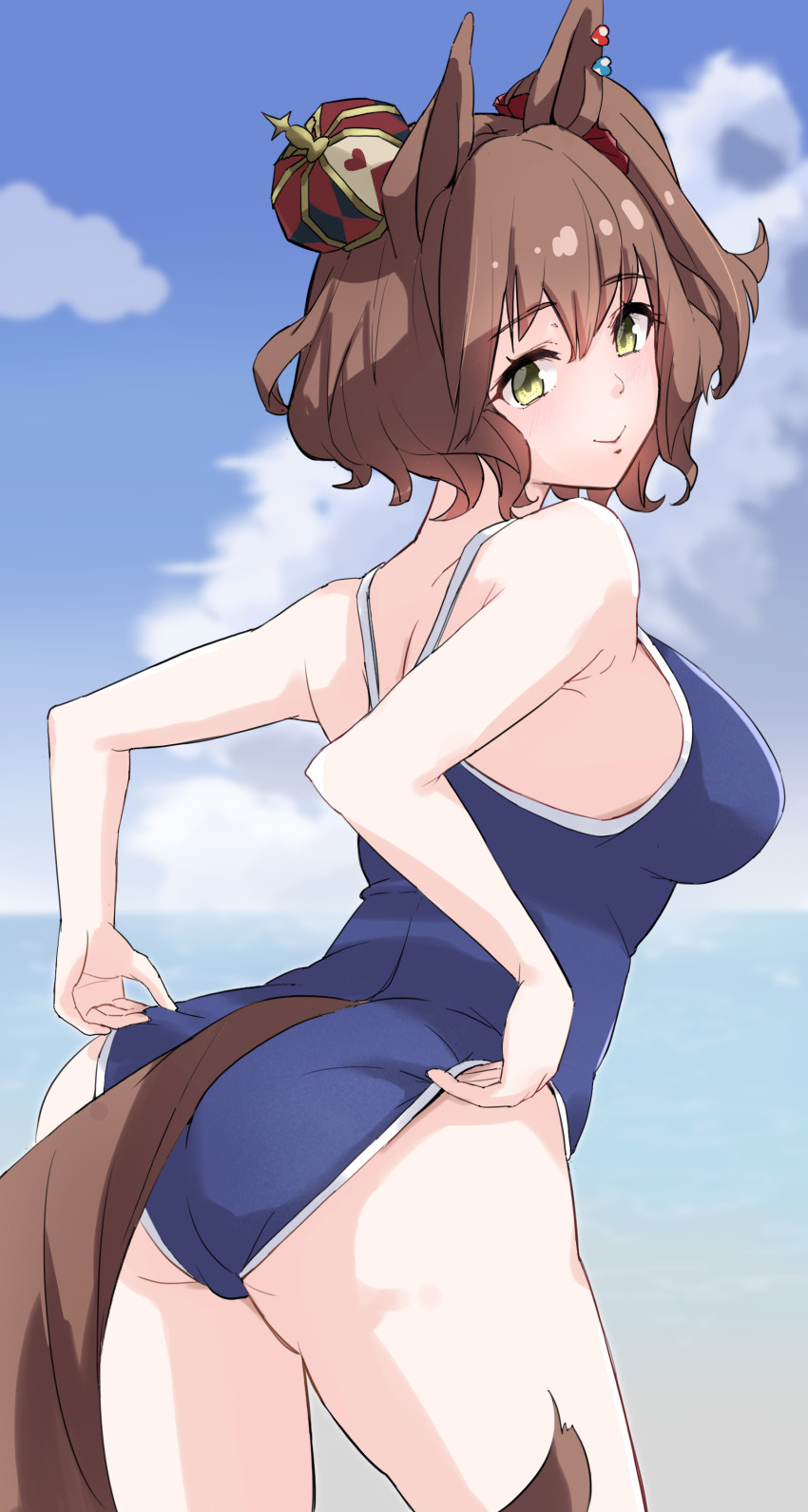 1girl, absurdres, animal_ears, ass, aston_machan_(umamusume), beach, blue_one-piece_swimsuit, blue_sky