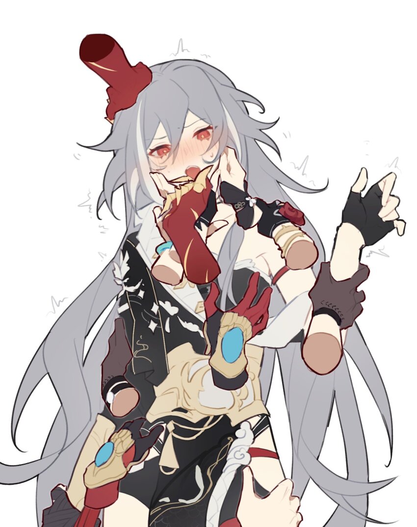 6+girls, arm_grab, blush, bracelet, brown_garter_straps, chinese_clothes, chinese_commentary, claws