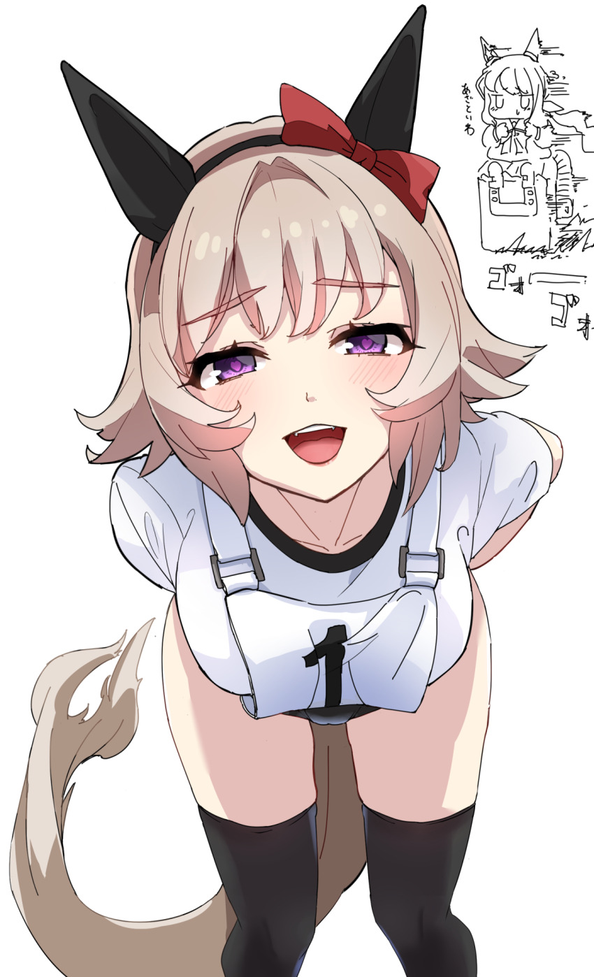 2girls, admire_vega_(umamusume), animal_ears, black_buruma, black_hairband, black_thighhighs, bow, breasts, buruma, commentary_request, curren_chan_(umamusume), ear_bow, ear_covers, feet_out_of_frame, grey_hair, gym_uniform, hair_between_eyes, hairband, harukazetabiji, highres, horse_ears, horse_girl, horse_tail, large_breasts, leaning_forward, looking_at_viewer, multiple_girls, open_mouth, original_race_uniform_(umamusume), puffy_short_sleeves, puffy_sleeves, purple_eyes, race_bib, red_bow, shirt, short_hair, short_sleeves, single_ear_cover, sitting, smile, solo_focus, tail, teeth, thighhighs, umamusume, upper_teeth_only, white_shirt