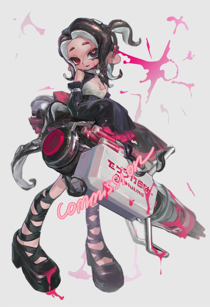 1girl, black_eyes, black_footwear, black_hair, breasts, cleavage, commentary, commission