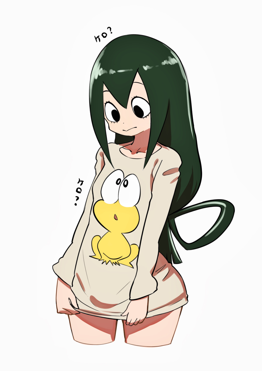 1girl, absurdres, animal_print, asui_tsuyu, black_eyes, black_hair, boku_no_hero_academia, brown_shirt