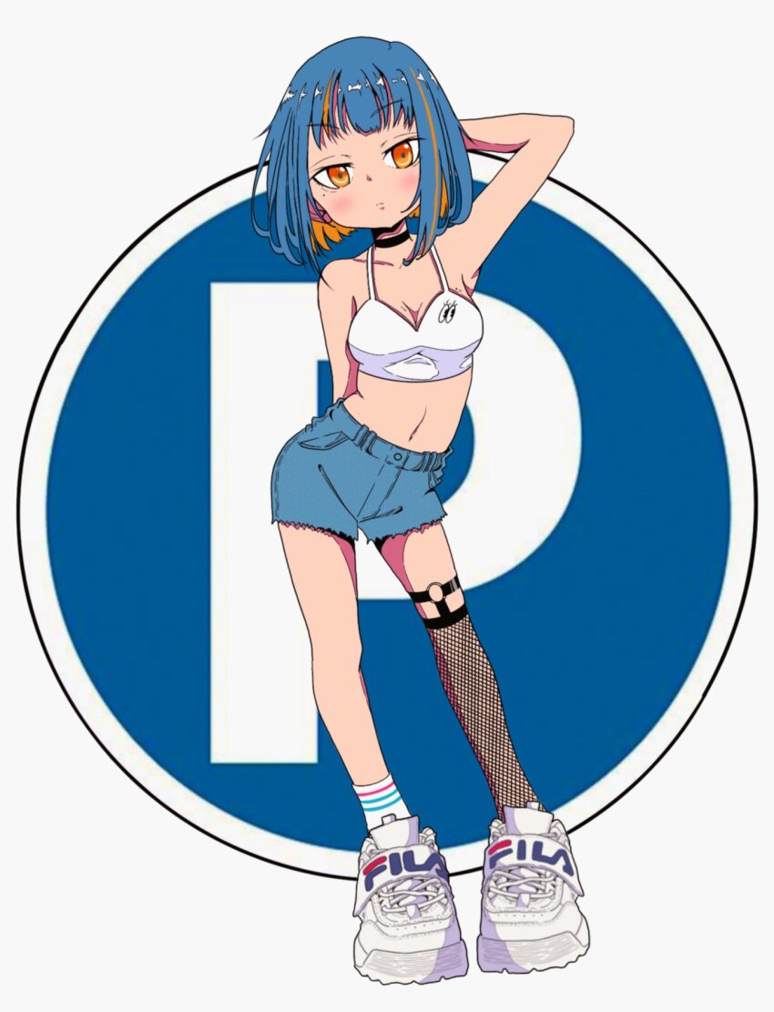 1girl, arm_behind_back, arm_behind_head, arm_up, asymmetrical_legwear, black_choker, black_thighhighs, blue_hair