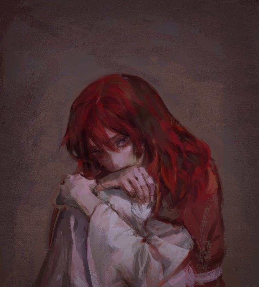 1girl, akatsuki_no_yona, bad_id, bad_twitter_id, belt, brown_background, commentary_request, hair_between_eyes