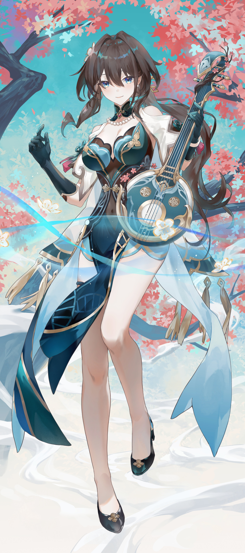 1girl, absurdres, blue_eyes, breasts, brown_hair, chinese_clothes, cleavage, closed_mouth