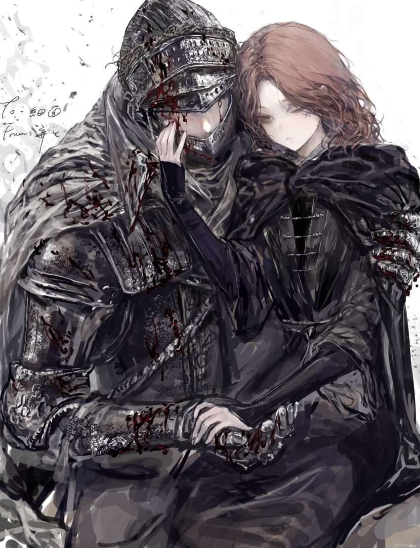 1girl, 1other, absurdres, ambiguous_gender, armor, black_cloak, blood, blood_on_clothes