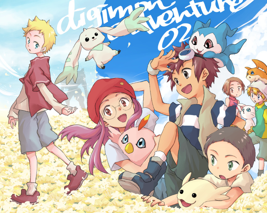 2girls, 5boys, chibimon, cloud, digimon, digimon_adventure_02, digimon_adventure_02:_digimon_hurricane_jouriku!!_chouzetsu_shinka!!_ougon_no_digimental, glasses