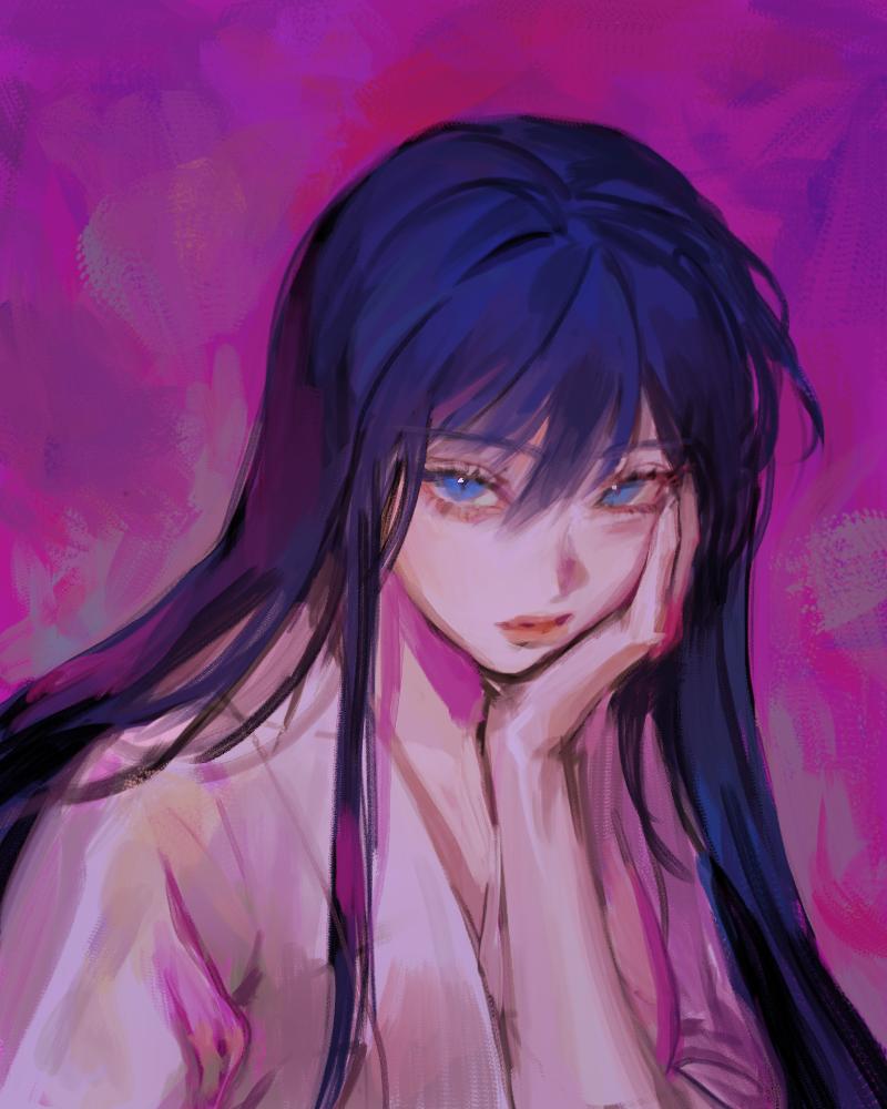 1girl, akatsuki_no_yona, an_lili, bad_id, bad_twitter_id, blue_eyes, blue_hair, commentary, hair_between_eyes, hand_on_own_cheek, hand_on_own_face, japanese_clothes, kimono, korean_commentary, long_hair, looking_at_viewer, purple_background, simple_background, solo, upper_body, yona_hyeon