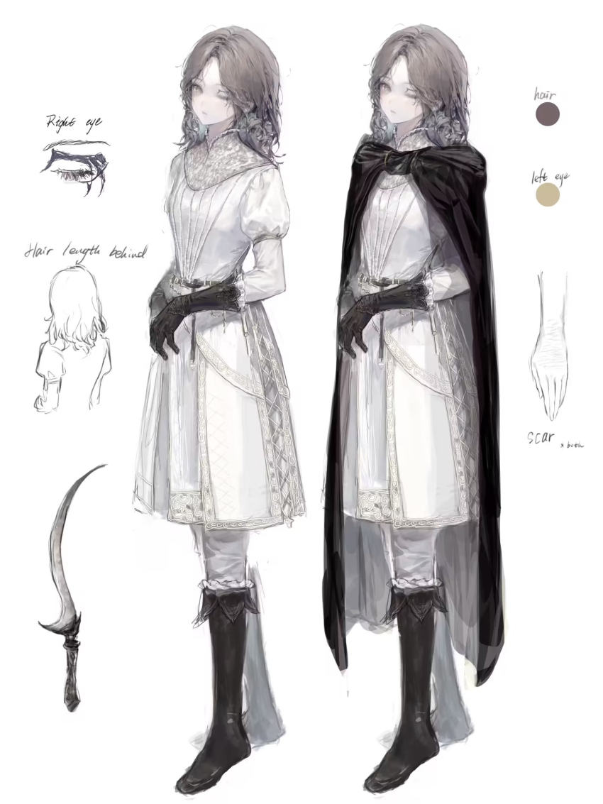 1girl, belt, black_cloak, black_footwear, black_gloves, boots, brown_eyes, brown_hair