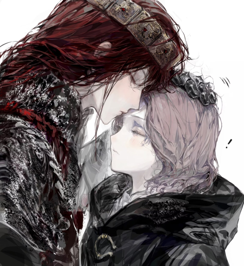 2girls, black_cloak, brown_hair, chinese_commentary, cloak, closed_eyes, commentary_request, elden_ring