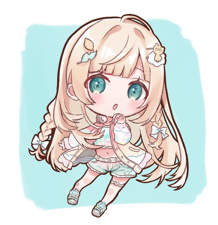 1girl, :o, aqua_shirt, blonde_hair, blue_eyes, blue_shorts, blunt_bangs, blush