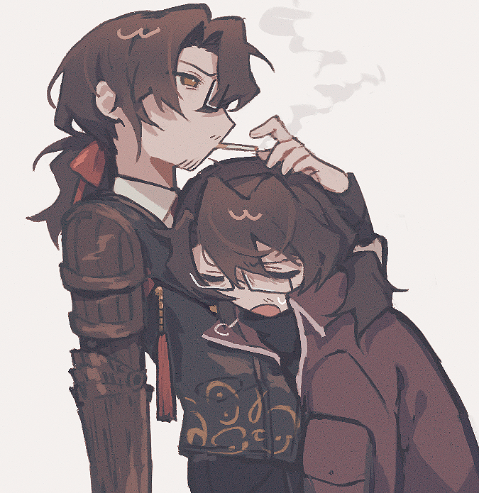 2boys, black_vest, bow, brown_eyes, brown_hair, cigarette, collared_shirt, dual_persona