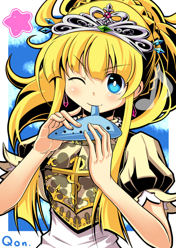 1girl, armor, atlus, blonde_hair, blue_eyes, blush, earrings, etrian_odyssey