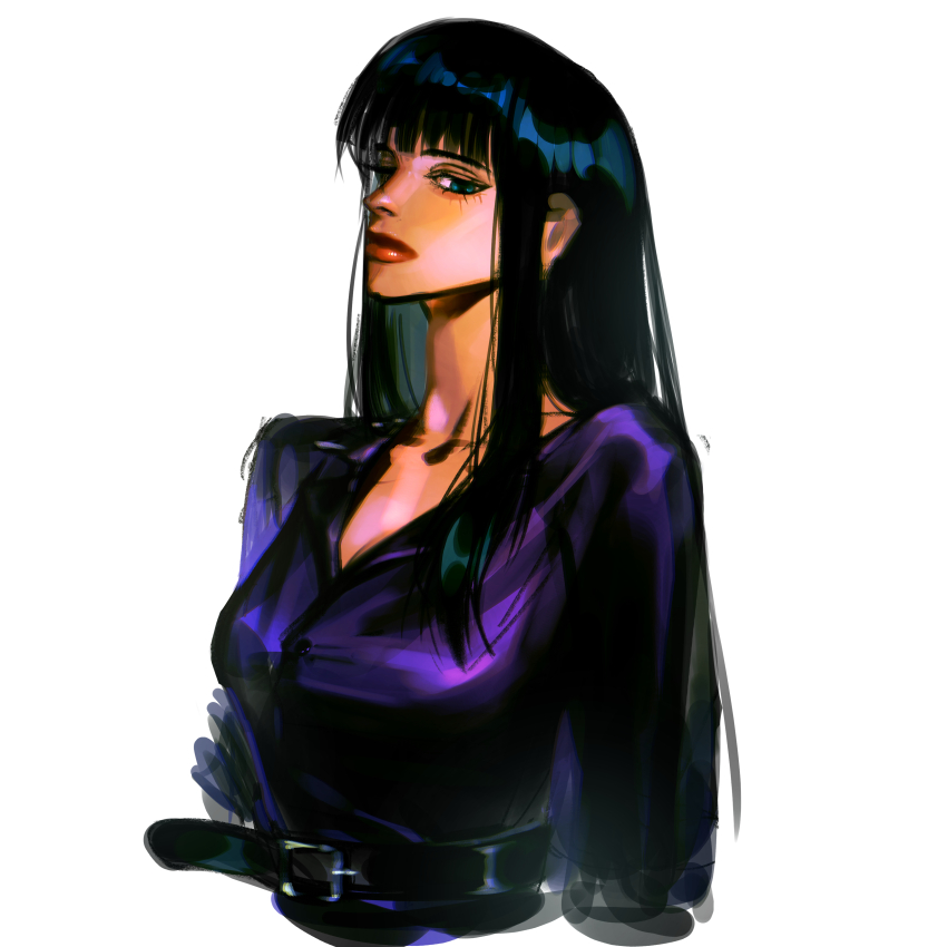 1girl, absurdres, belt, black_belt, black_hair, blue_eyes, blunt_bangs, commentary