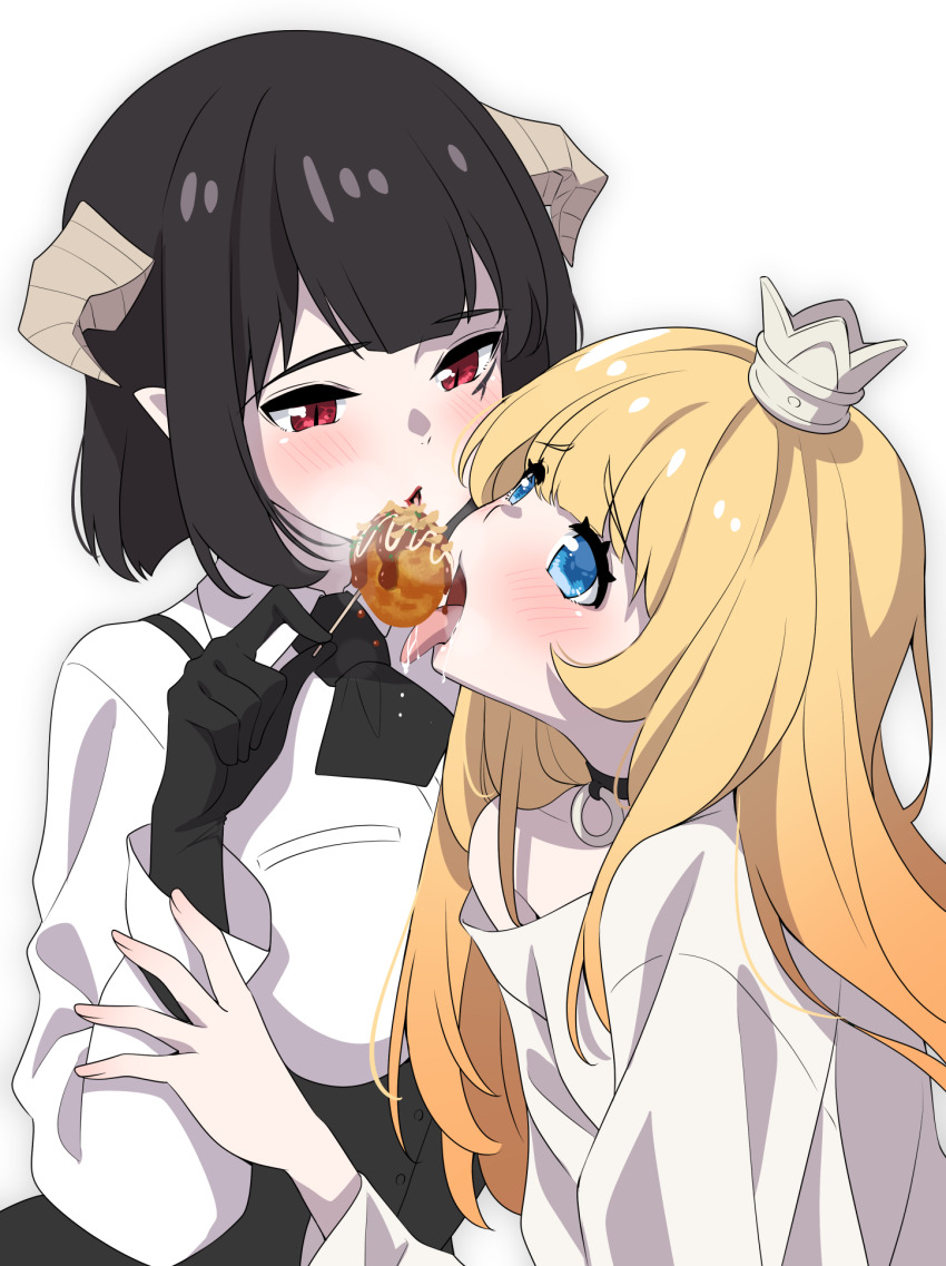 2girls, black_gloves, black_hair, black_necktie, black_vest, blonde_hair, blue_eyes, blush