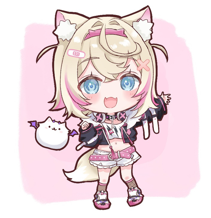 1girl, :d, animal_collar, animal_ears, bandaid, bandaid_hair_ornament, belt, black_collar, black_jacket, blonde_hair, blue_eyes, brown_socks, collar, colored_shoe_soles, commentary, cropped_jacket, cropped_shirt, crossed_bangs, dog_ears, dog_girl, dog_tail, double-parted_bangs, fake_horns, fangs, fishnet_socks, fishnets, flat_chest, frilled_shorts, frills, full_body, fur-trimmed_jacket, fur_trim, hair_between_eyes, hair_intakes, hair_ornament, hairband, hand_up, headphones, headphones_around_neck, hololive, hololive_english, horns, jacket, kneehighs, looking_at_viewer, midriff, mococo_abyssgard, mococo_abyssgard_(1st_costume), multicolored_hair, nanaka_nagomi, navel, open_mouth, outstretched_arm, paw_pose, perroccino_(fuwamoco), pink_background, pink_belt, pink_hair, pink_hairband, shirt, shoes, short_hair, short_shorts, shorts, skin_fangs, smile, sneakers, socks, spiked_collar, spikes, streaked_hair, t-shirt, tail, thick_outlines, two_side_up, virtual_youtuber, white_footwear, white_shirt, white_shorts, x_hair_ornament