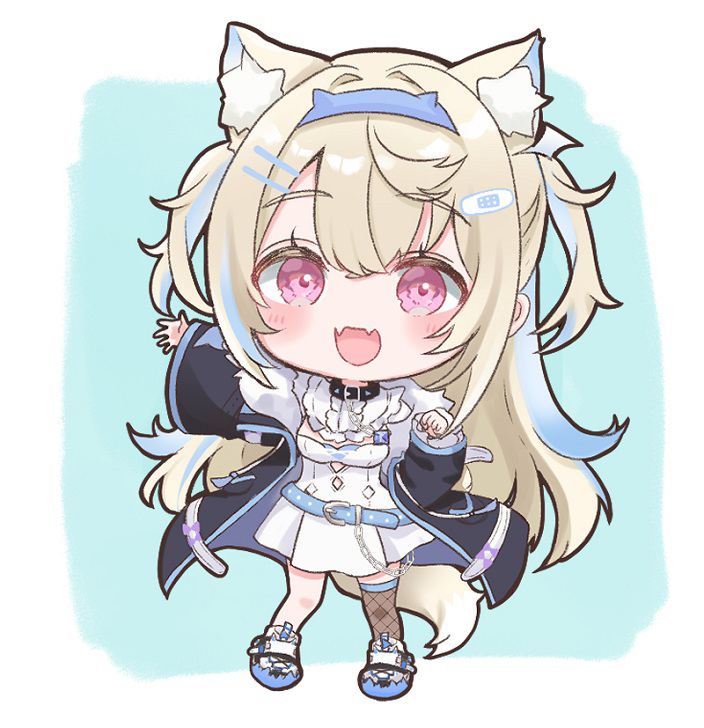 1girl, :d, animal_collar, animal_ear_fluff, animal_ears, aqua_background, bandaid, bandaid_hair_ornament