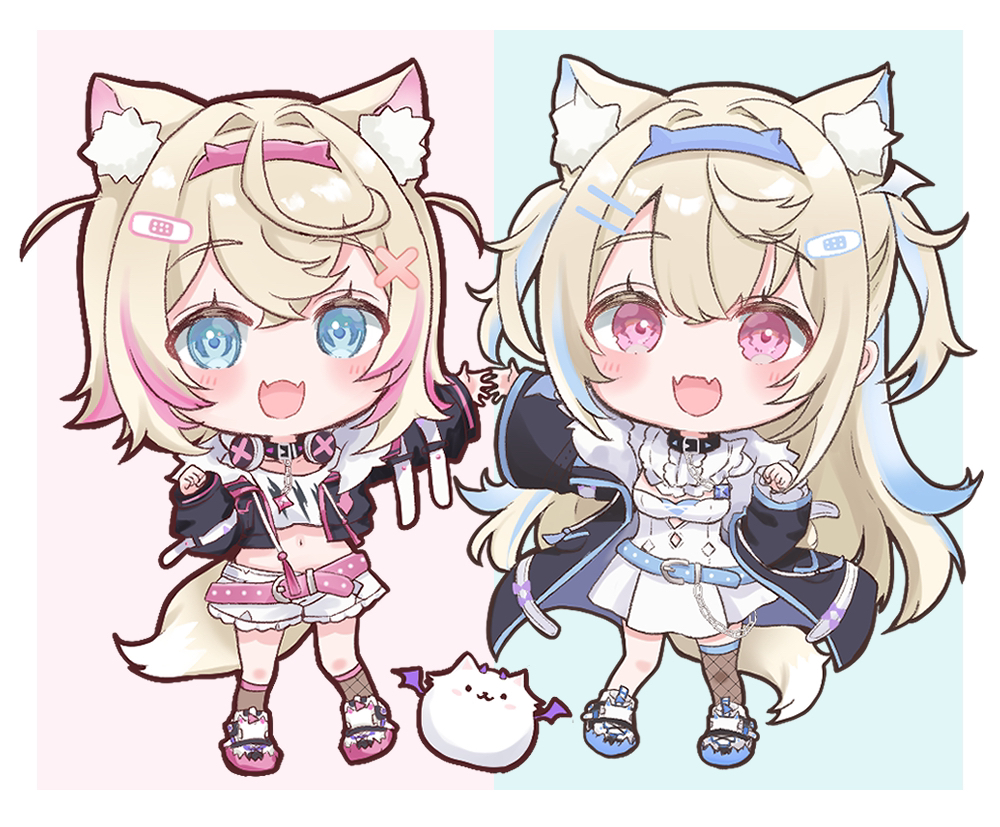 2girls, :d, animal_collar, animal_ear_fluff, animal_ears, bandaid, bandaid_hair_ornament, belt, black_collar, black_jacket, blonde_hair, blue_belt, blue_eyes, blue_hair, blue_hairband, breasts, brown_socks, brown_thighhighs, center_frills, clothing_cutout, collar, colored_shoe_soles, commentary, cropped_jacket, cropped_shirt, crossed_bangs, cutout_above_navel, detached_collar, dog_ears, dog_girl, dog_tail, double-parted_bangs, dress, fake_horns, fangs, fishnet_socks, fishnet_thighhighs, fishnets, flat_chest, frilled_shirt_collar, frilled_shorts, frills, full_body, fur-trimmed_jacket, fur_trim, fuwawa_abyssgard, fuwawa_abyssgard_(1st_costume), hair_between_eyes, hair_intakes, hair_ornament, hairband, hairclip, hand_up, headphones, headphones_around_neck, hololive, hololive_english, horns, jacket, kneehighs, long_hair, long_sleeves, looking_at_viewer, medium_breasts, midriff, mococo_abyssgard, mococo_abyssgard_(1st_costume), multicolored_hair, multiple_girls, nanaka_nagomi, navel, open_mouth, outstretched_arm, over-kneehighs, paw_pose, perroccino_(fuwamoco), pink_background, pink_belt, pink_eyes, pink_hair, pink_hairband, shirt, shoes, short_dress, short_hair, short_shorts, shorts, siblings, simple_background, single_over-kneehigh, single_thighhigh, sisters, skin_fangs, smile, sneakers, socks, spiked_collar, spikes, streaked_hair, symmetrical_pose, t-shirt, tail, thick_outlines, thighhighs, twins, two-tone_background, two_side_up, virtual_youtuber, white_dress, white_footwear, white_shirt, white_shorts, x_hair_ornament