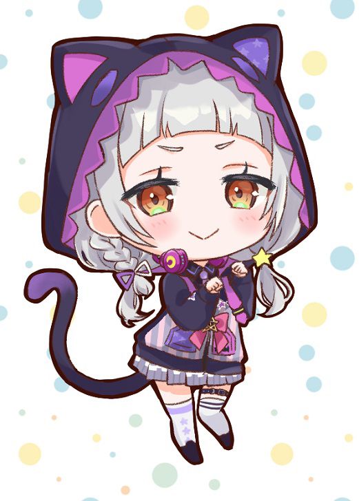1girl, animal_hood, arched_bangs, black_jacket, cat_girl, cat_hood, cat_tail, chibi, closed_mouth, commentary_request, full_body, grey_hair, grey_skirt, hololive, hood, hooded_jacket, jacket, long_hair, long_sleeves, looking_at_viewer, low_twintails, miniskirt, murasaki_shion, murasaki_shion_(school_uniform), nanaka_nagomi, official_alternate_hairstyle, plaid_clothes, plaid_skirt, pleated_skirt, polka_dot, polka_dot_background, short_eyebrows, skirt, solo, tail, thick_outlines, twintails, v-shaped_eyebrows, virtual_youtuber, white_background, yellow_eyes