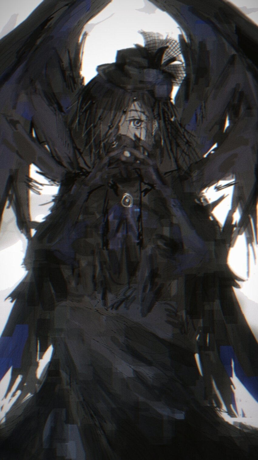 1girl, angela_(project_moon), black_capelet, black_dress, black_eyes, black_veil, black_wings, capelet