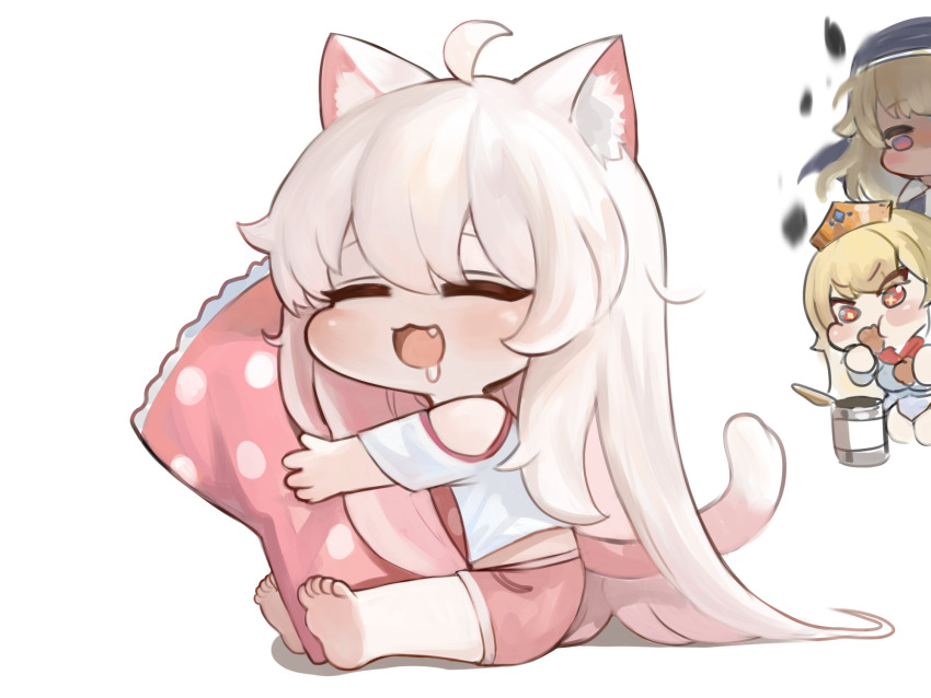 +_+, 3girls, :3, :d, ahoge, animal_ear_fluff, animal_ears, bare_shoulders