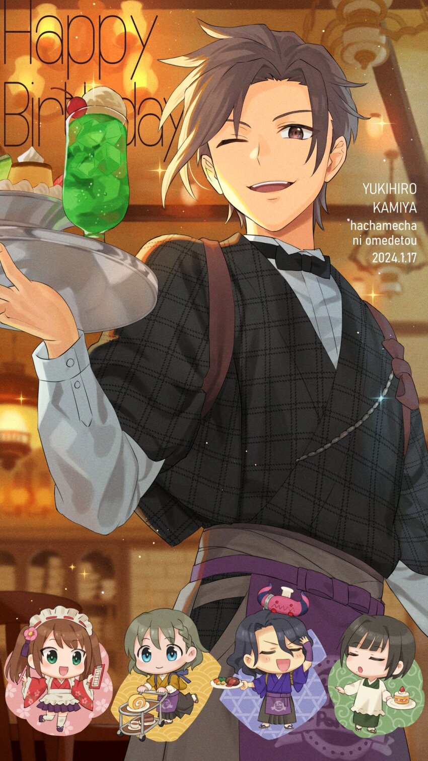 5boys, alternate_costume, apron, arm_at_side, asselin_bb_ii, asymmetrical_bangs, asymmetrical_hair, birthday