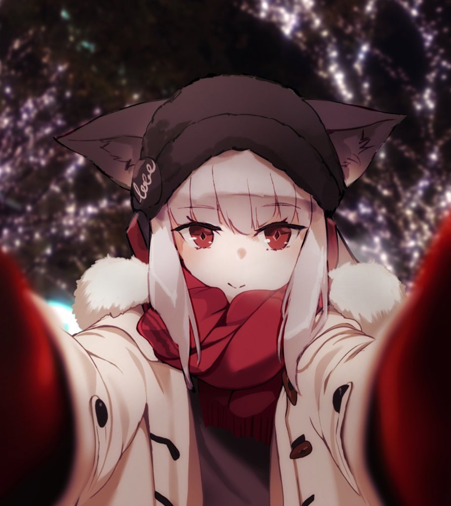 1girl, animal_ear_fluff, arknights, beanie, black_hat, blurry, blurry_background, blurry_foreground