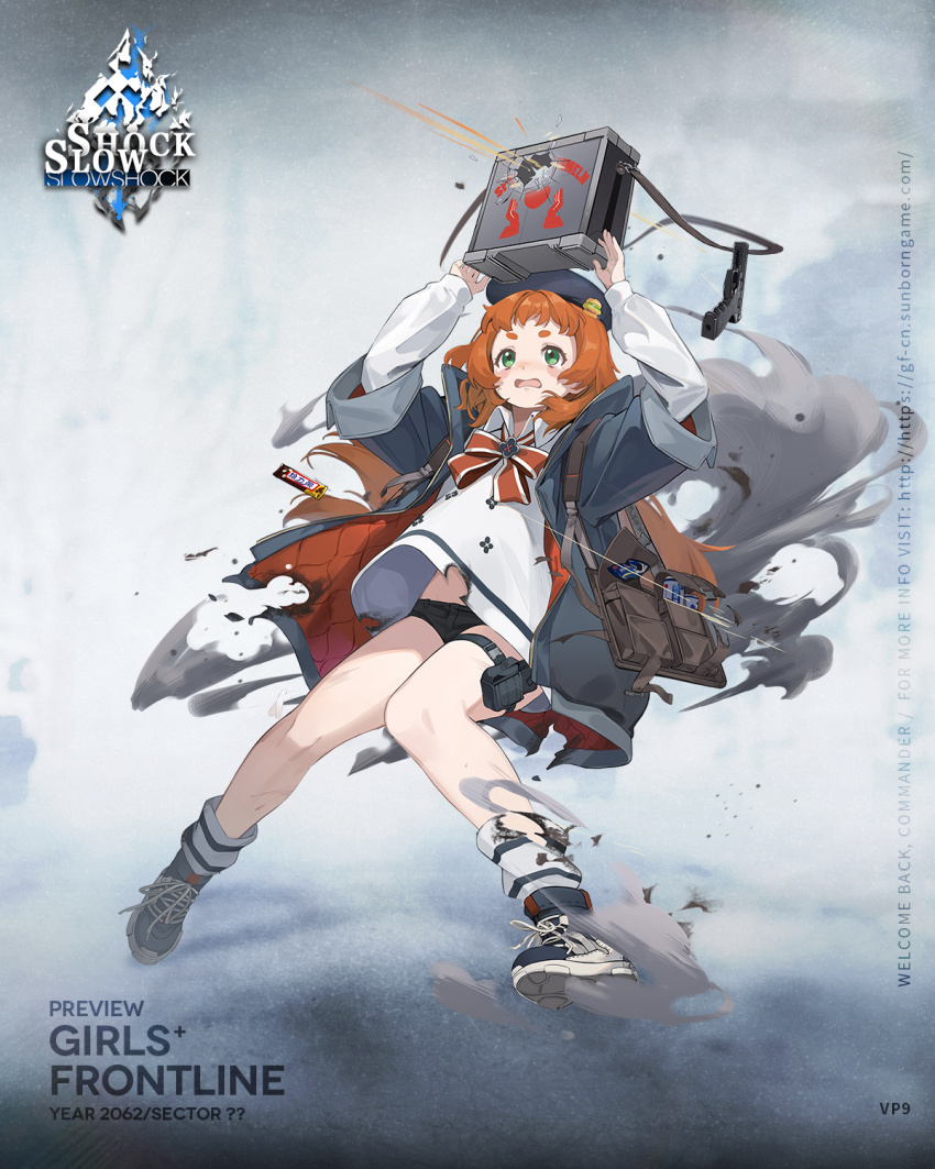 1girl, :d, bag, bandaid, bandaid_on_knee, bandaid_on_leg, beret, black_shoes, black_shorts, bow, bowtie, box, brown_bag, buckle, bullet_hole, burger_hat_ornament, burnt_clothes, can, candy, character_name, coat, commentary, container, copyright_name, crossed_bandaids, dazhangfu, donation_box, drink_can, english_commentary, food, freckles, full_body, girls'_frontline, green_eyes, grey_coat, grey_hat, gun, h&amp;k_vp9, handgun, hat, highres, holding, holding_box, long_hair, long_sleeves, looking_up, midriff_peek, official_art, open_clothes, open_coat, open_mouth, orange_hair, oreo, pouch, projectile_trail, red_bow, red_bowtie, second-party_source, shirt, shoes, short_shorts, shorts, sidelocks, sleeves_past_wrists, smile, smoke, snap-fit_buckle, sneakers, snickers_(brand), socks, soda_can, solo, striped_clothes, striped_socks, thigh_pouch, thigh_strap, torn_clothes, torn_coat, torn_shirt, torn_socks, very_long_hair, vp9_(girls'_frontline), watermark, weapon, web_address, white_shirt, wide_sleeves, wrapped_candy